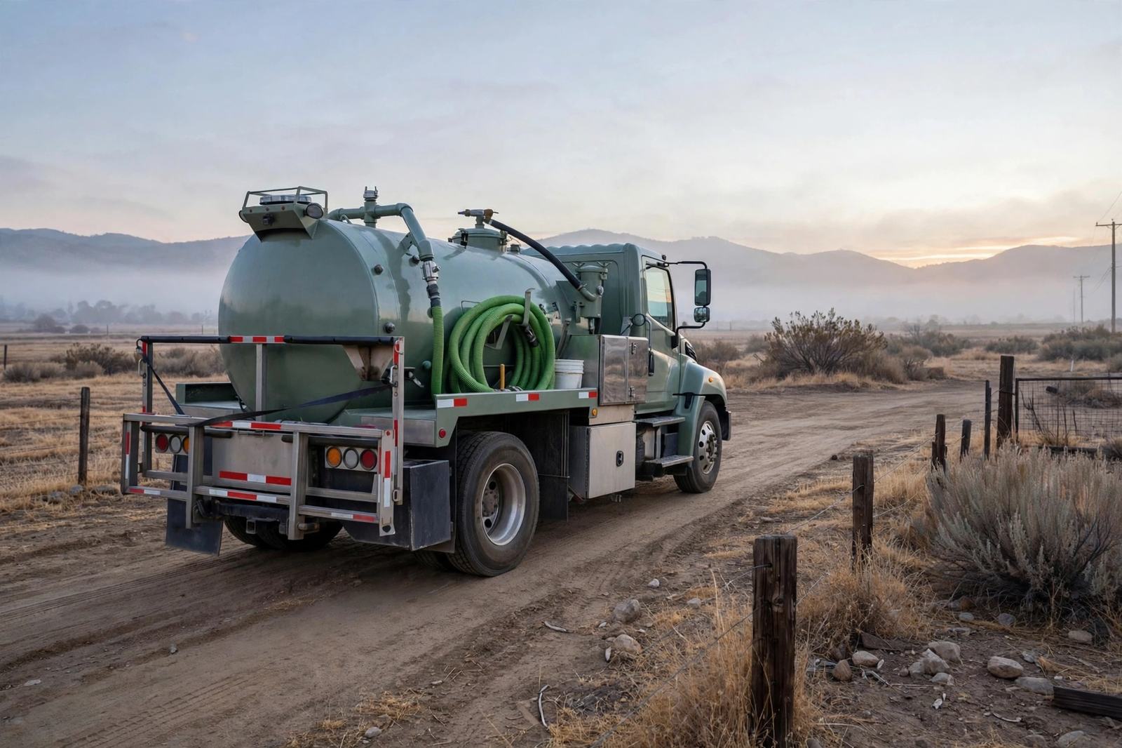 Septic service truck in a dry California yard at dawn