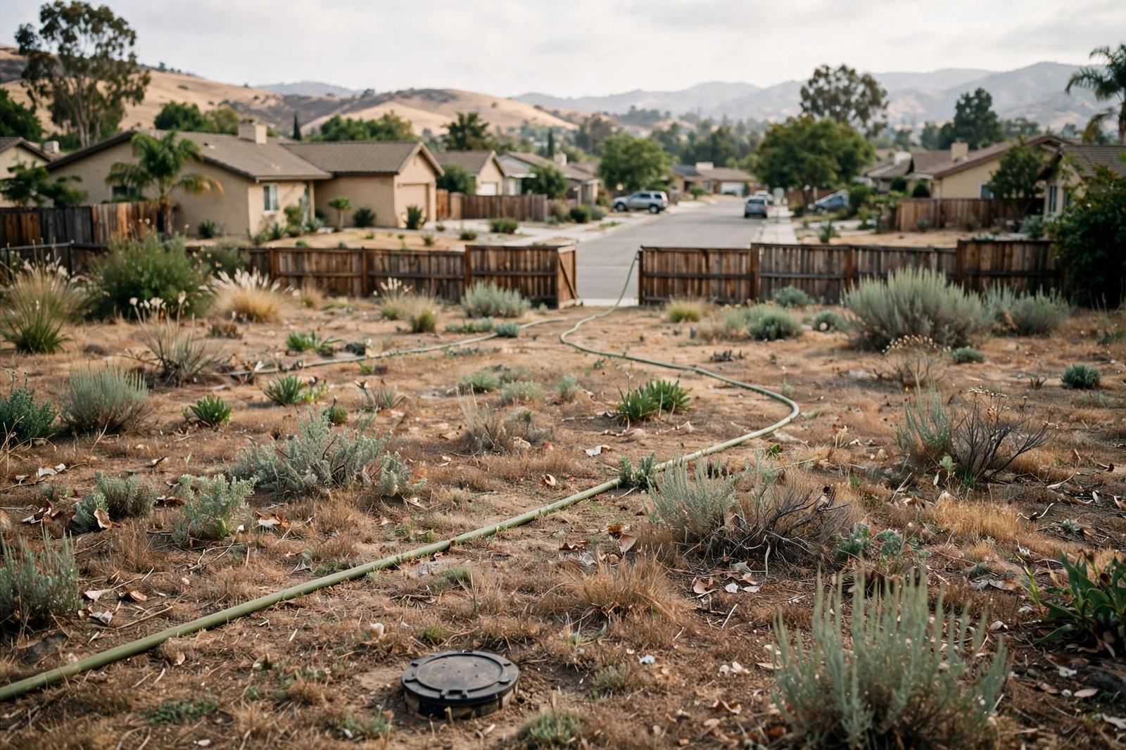 A yard with a septic access lid and a hose running toward the street